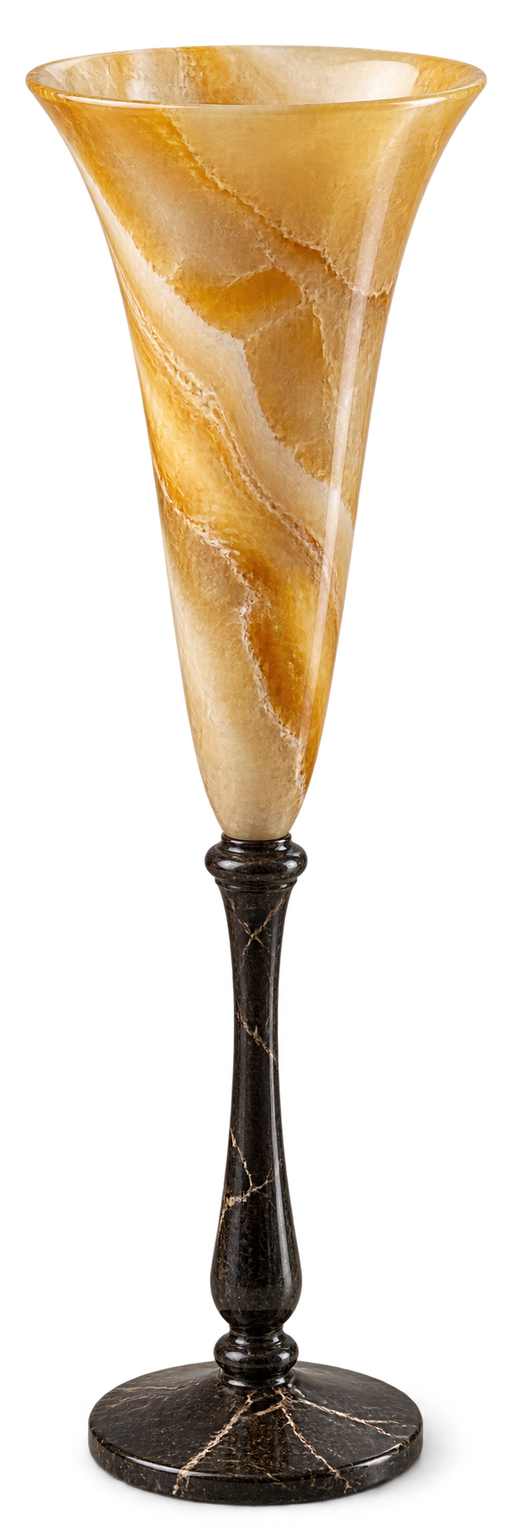 Tall honey onyx vessel on a dark stone base — PREA objects collection