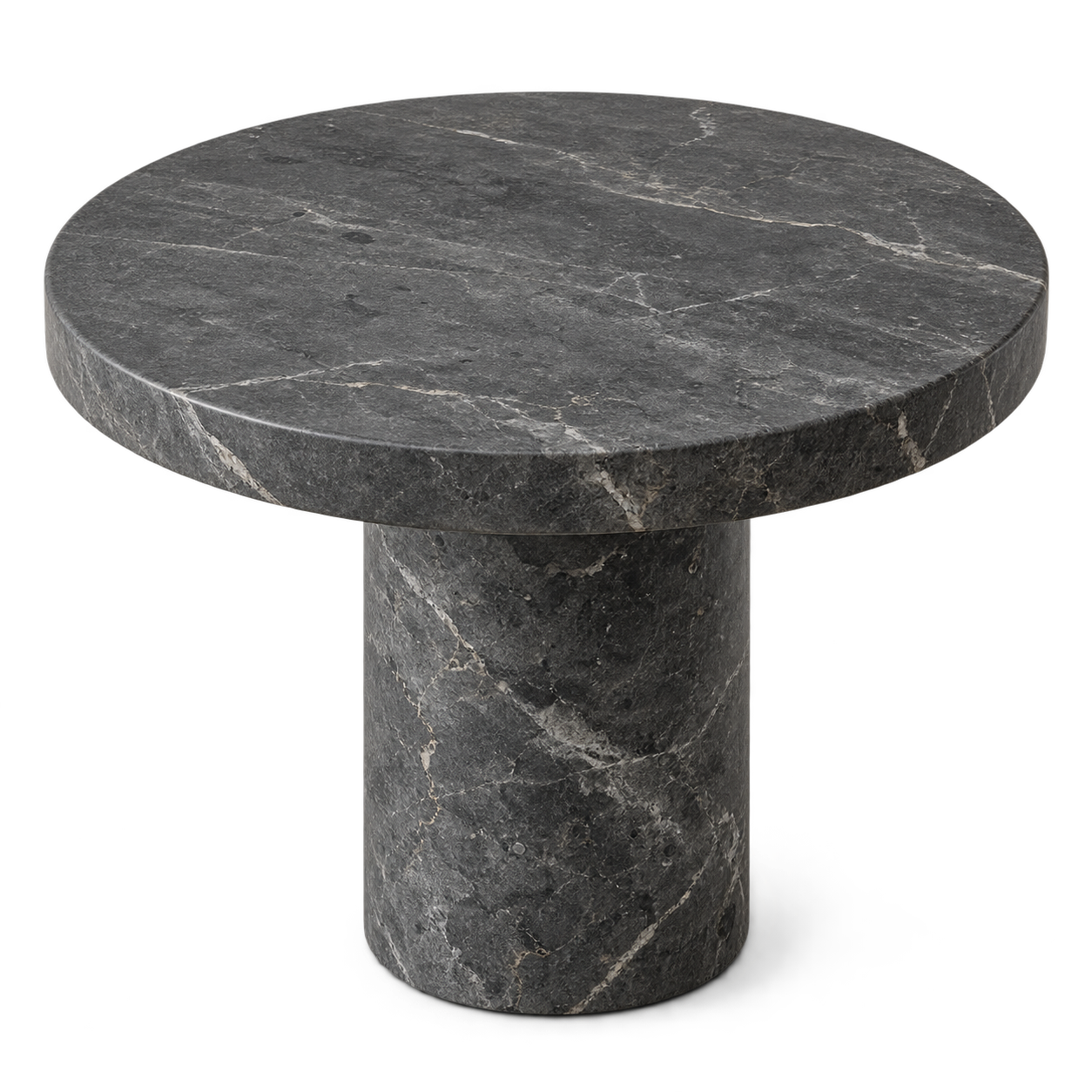 Round dark stone pedestal table — PREA tables collection